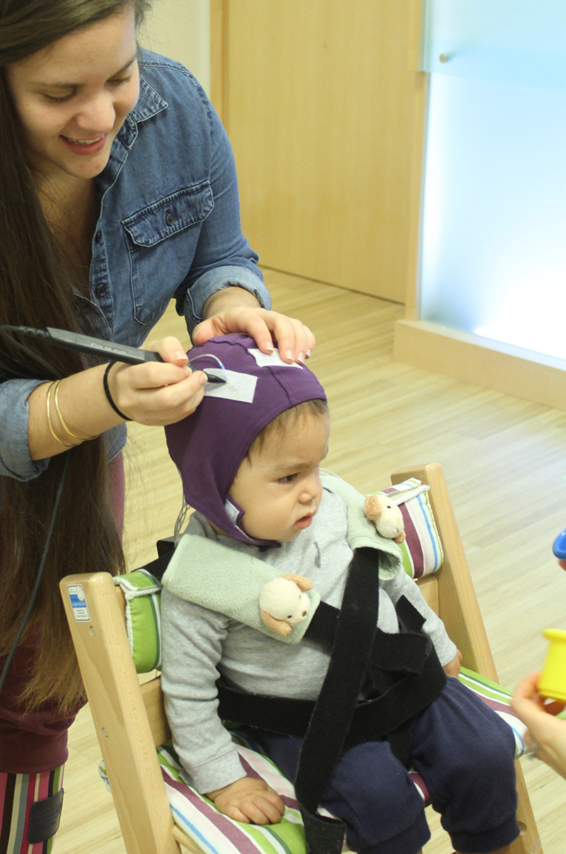 Babies are fitted with small caps equipped with GPS sensors. Photo: Institute for Learning & Brain Sciences (I-LABS), UW.