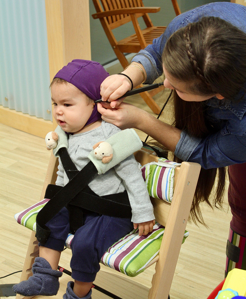 Babies are fitted with small caps equipped with GPS sensors. Photo: Institute for Learning & Brain Sciences (I-LABS), UW.