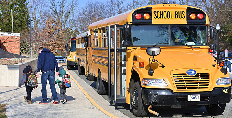 A man and two children walk on a sidewalk near a line of yellow school buses