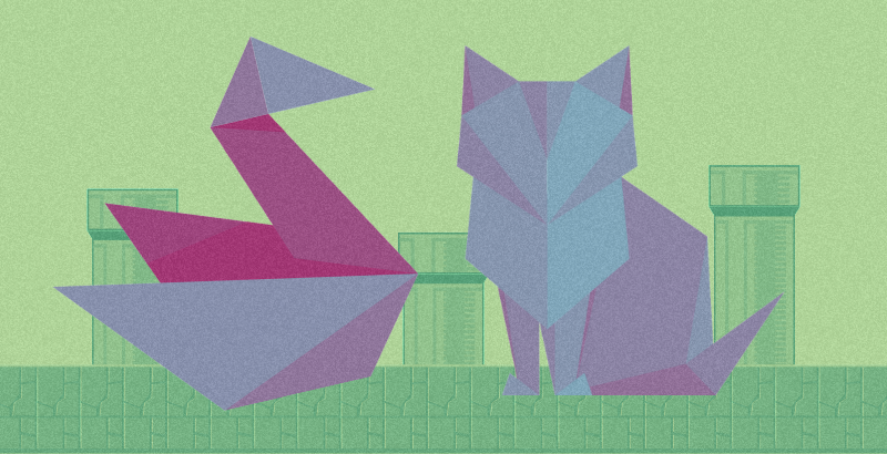 illustraion of an origami swan and fox in front of Super Mario pipes