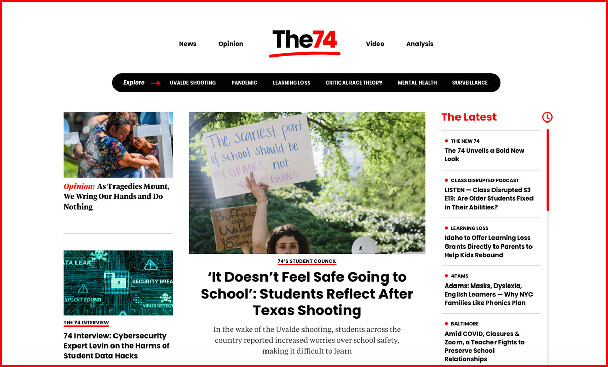 A screenshot of The 74's new homepage