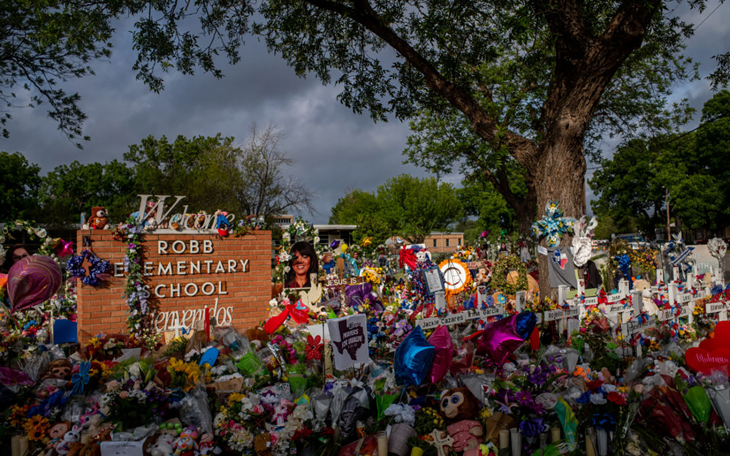 A memorial dedicated to the 19 children and two adults killed on May 24th during the mass shooting at Robb Elementary School is seen on June 01, 2022 in Uvalde, Texas