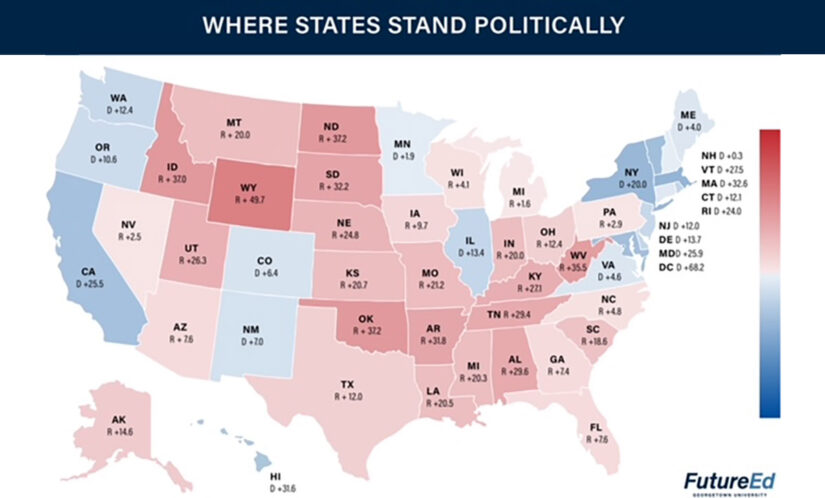 How Blue States Red States Use COVID Relief Funds Differently To Aid Future Ed Partisan Lean Map 825x498