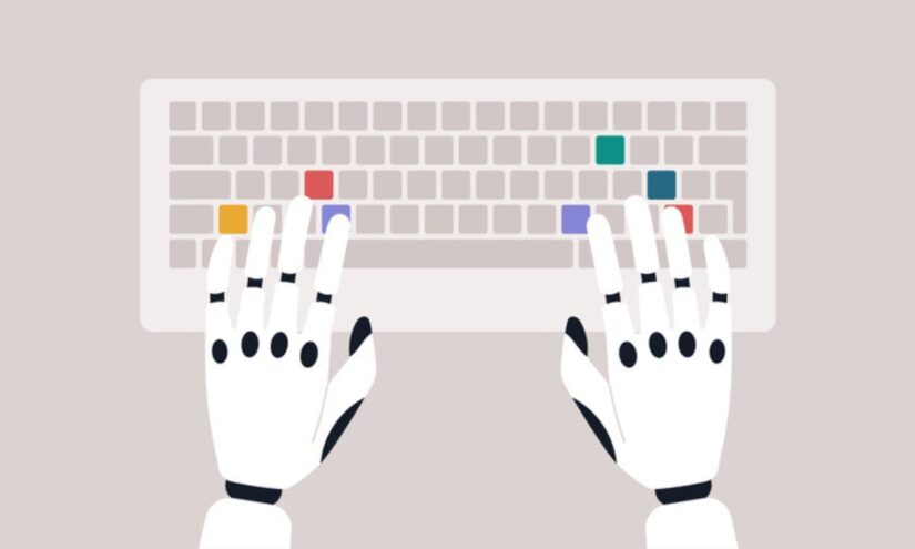 An illustration of a robot typing on keyboard