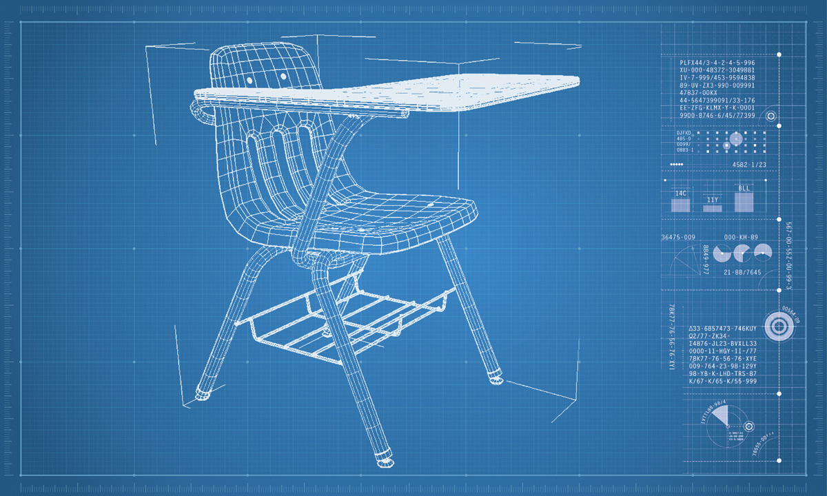 The blueprint design of a chair that you would often see in a high school classroom