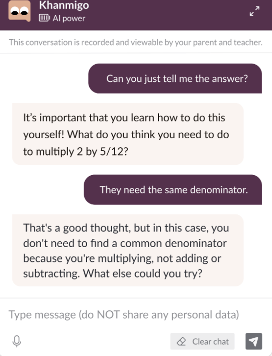 A screenshot from the AI-powered program Khanmigo, a conversation between a student and the AI tutor discussing a math program