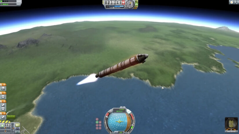 A screenshot from the Kerbal Space Program, a rocket is shooting out from the Earth