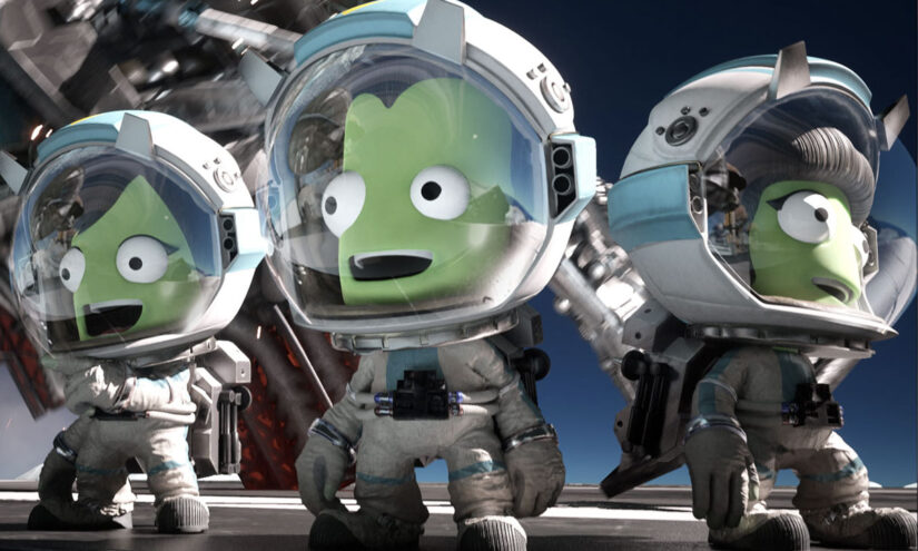 Three Kerbals wearing space gear in a screenshot from Kerbal Space Program