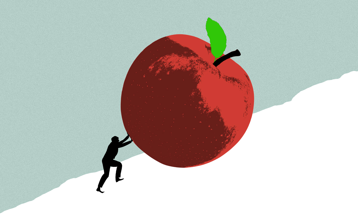 teacher pushes apple uphill like sisyphus