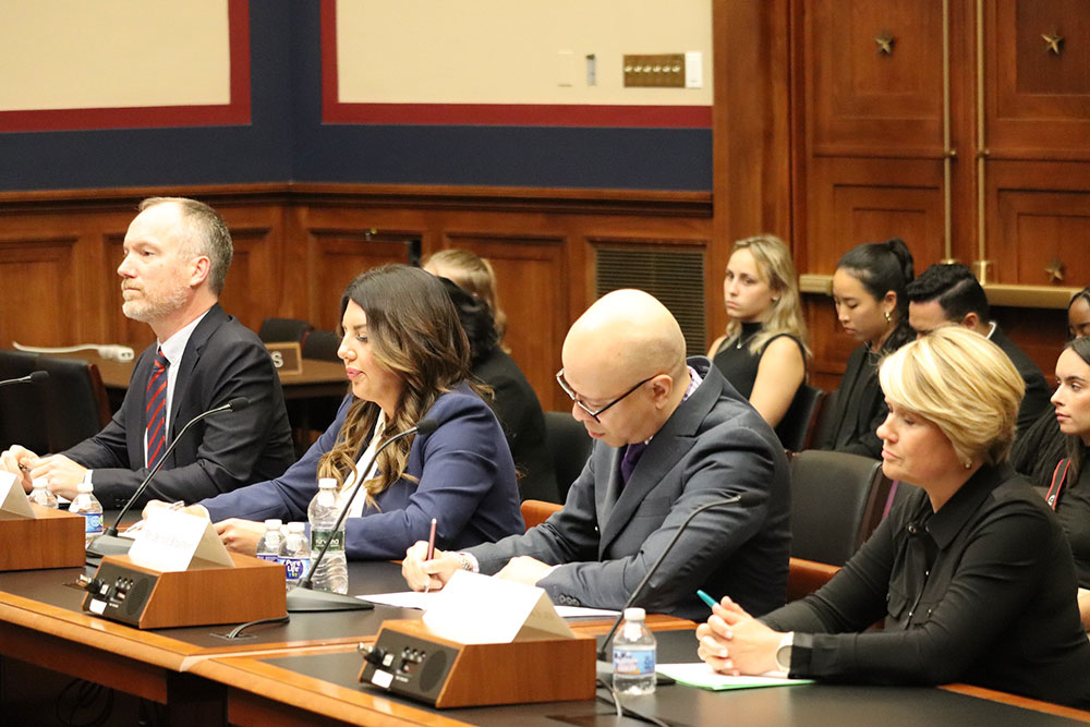 A photo of witnesses during the hearing, who included Nat Malkus of the American Enterprise Institute, Mary-Patricia Wray of Louisiana, Derrell Bradford of 50CAN and North Carolina state chief Catherine Truitt