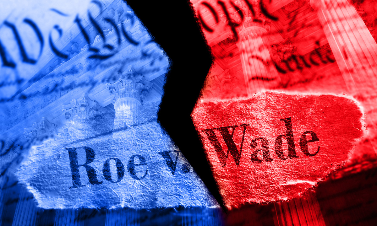 An illustration of a torn red and blue Roe V Wade newspaper headline on the United States Constitution and Supreme Court