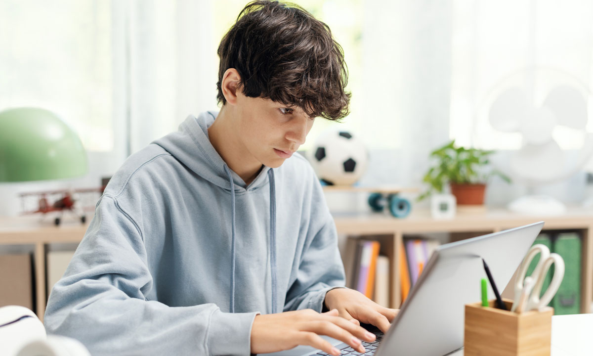 This photo shows a teenage boy on a laptop.