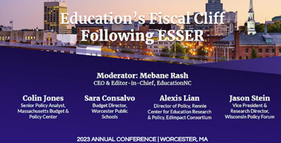 A graphic for this year's annual Governmental Research Association conference hosted by the Worcester Regional Research Bureau that reads "Education's Fiscal Cliff: Following ESSER"