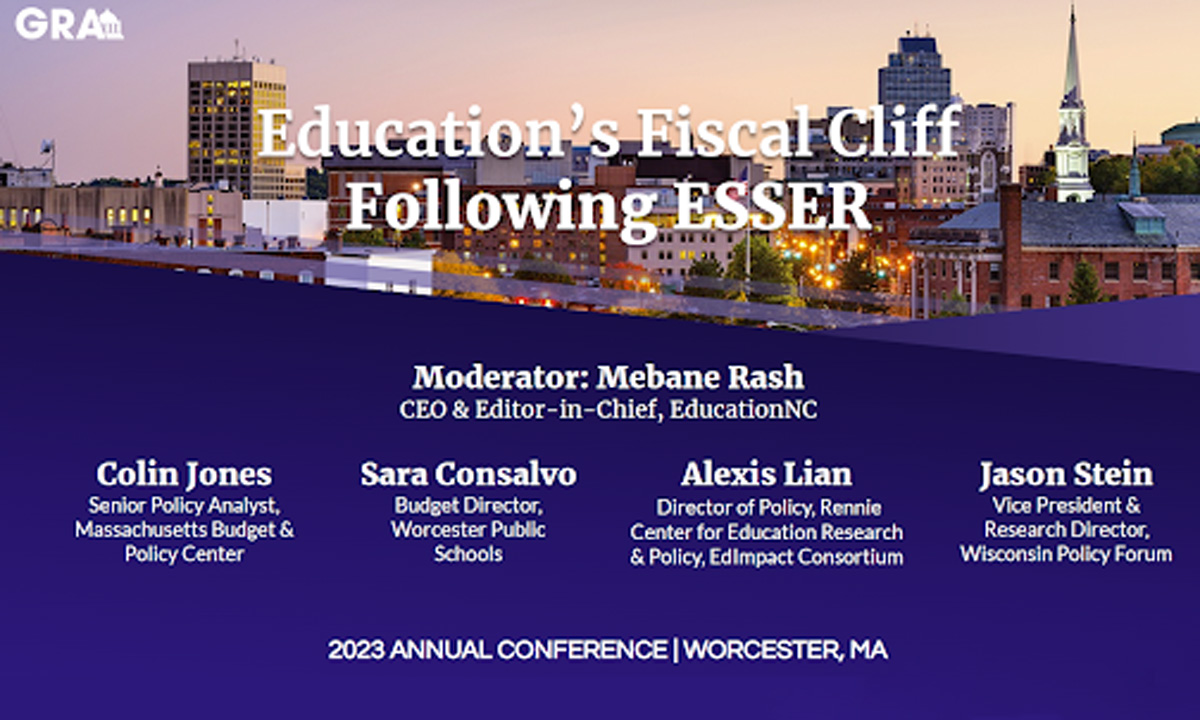 A graphic for this year's annual Governmental Research Association conference hosted by the Worcester Regional Research Bureau that reads "Education's Fiscal Cliff: Following ESSER"