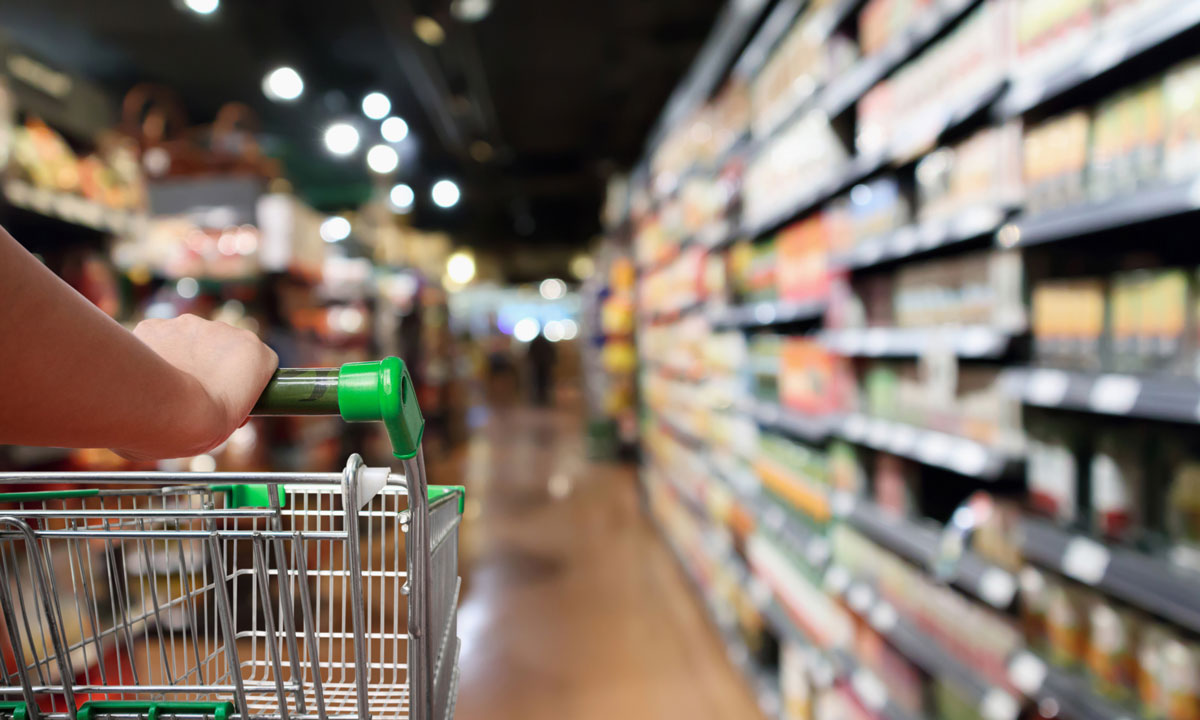 This is an image of someone pushing a cart in the grocery store.