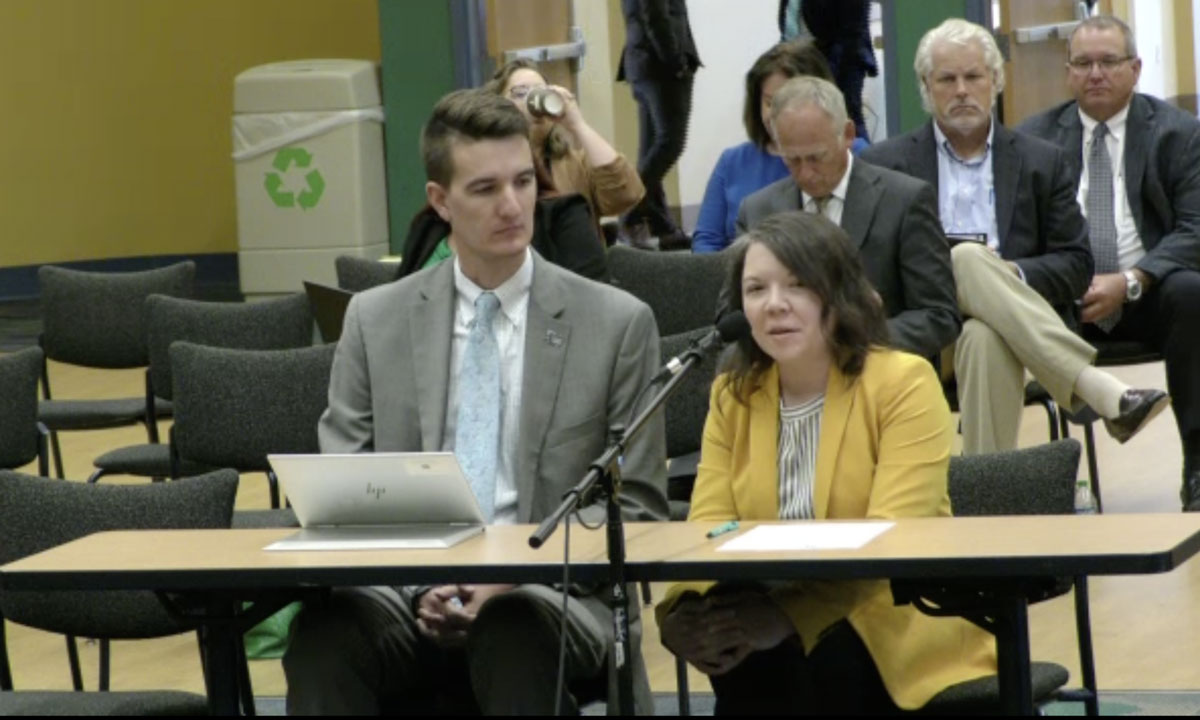 This is a photo of the Indiana Commission for Higher Education’s Chief Financial Officer Seth Hinshaw and Chief Program Officer Michelle Ashcraft testifying before the State Budget Committee.
