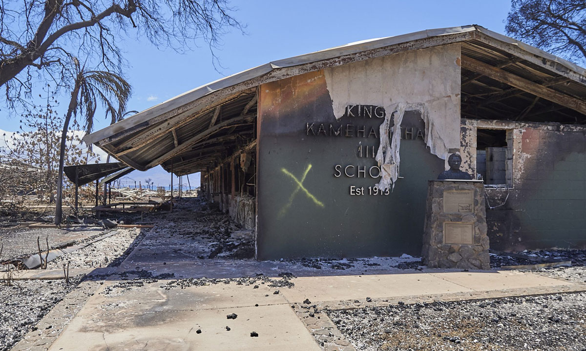 This is a photo of a damaged elementary school in Lahaina due to fires.