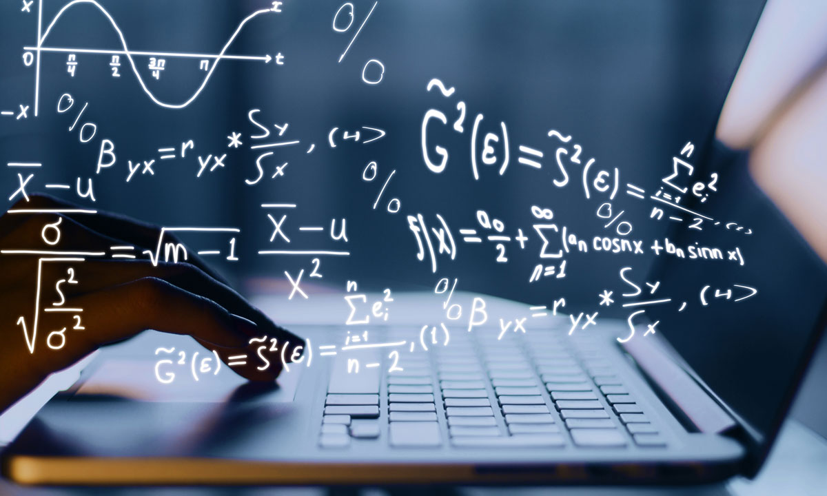 This is a photo of math symbols embedded over a person typing on a laptop.