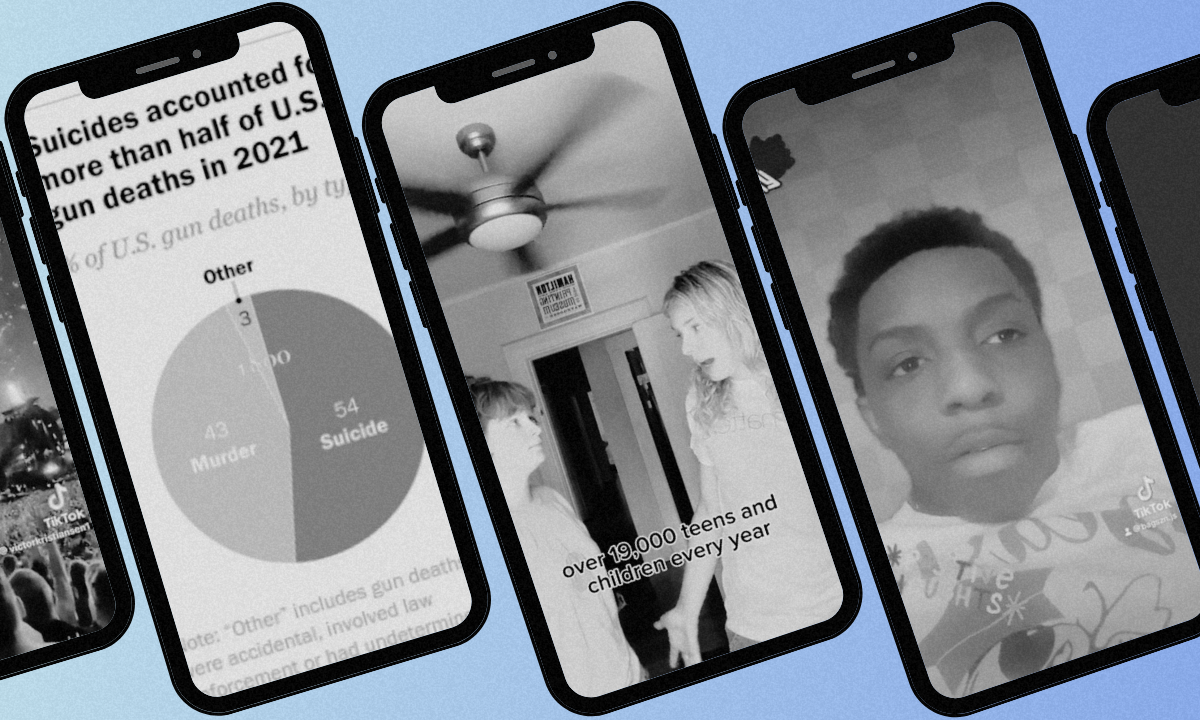 An illustration of phones with students' social media campaigns taking on gun violence superimposed