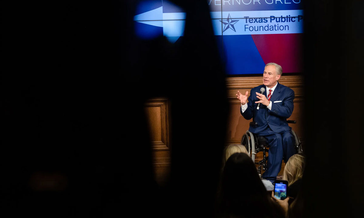 This is a photo of Gov. Greg Abbott speaking about the recent 88th Legislative Session to an audience at the Texas Public Policy Foundation offices in Austin.