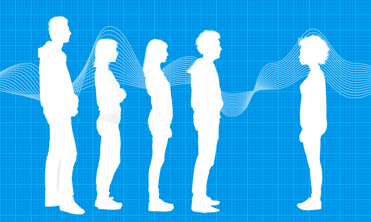 This is a graphic of four people standing in line facing one person
