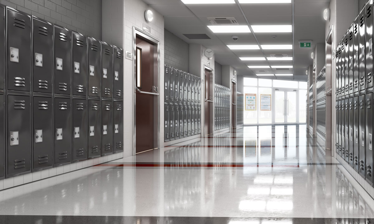 This is a photo of an empty school hallway.