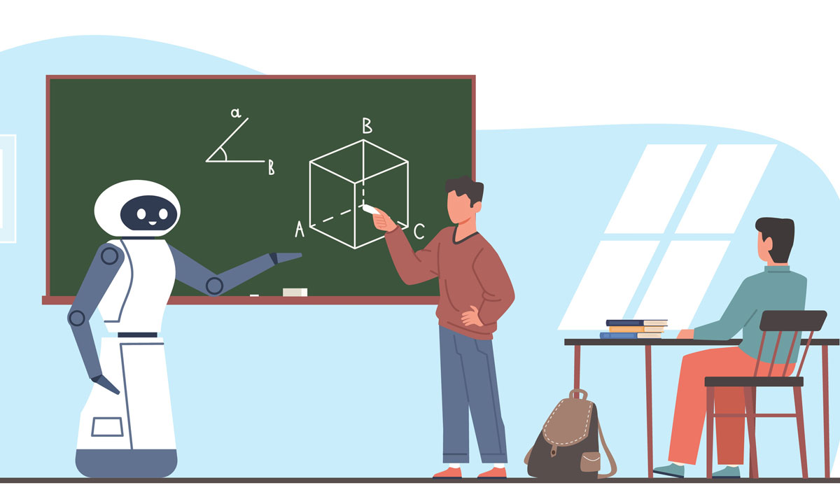 This is a graphic of a teacher and robot working together on a chalkboard