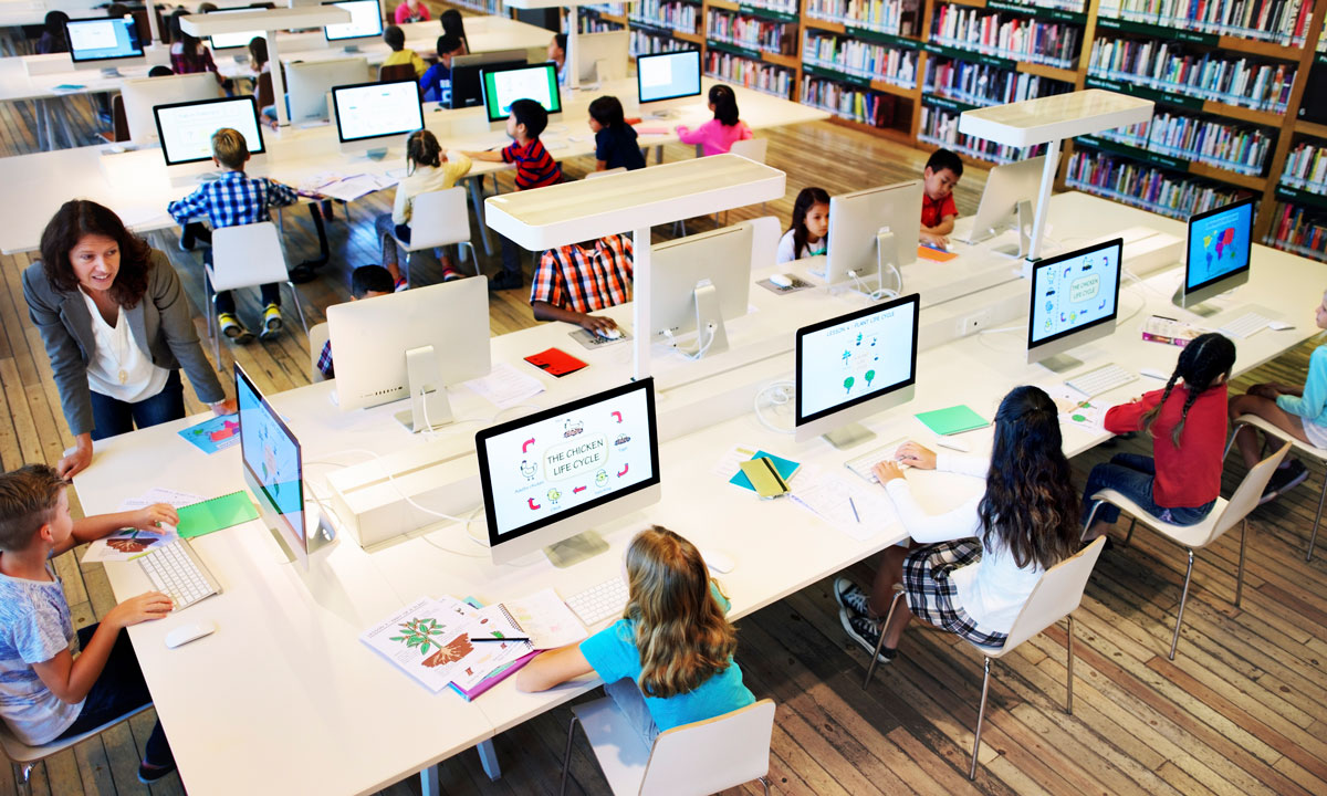 This is a photo of students on computers in a library.