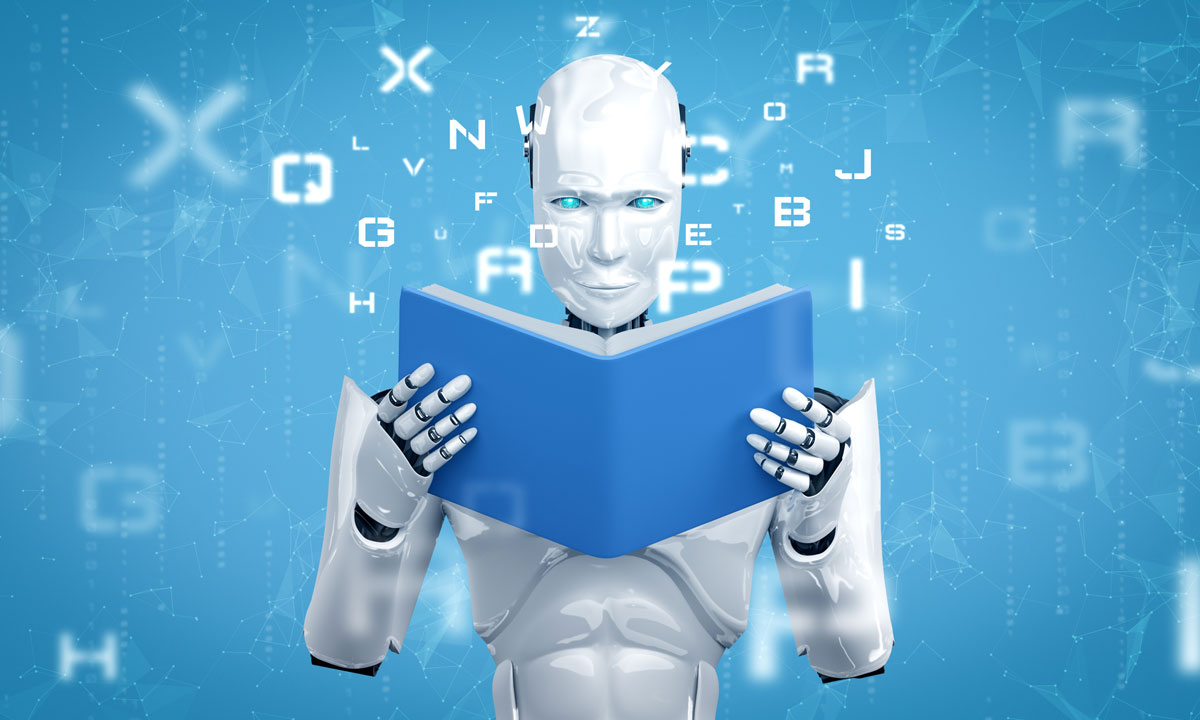 This is a photo of a robot reading a book.