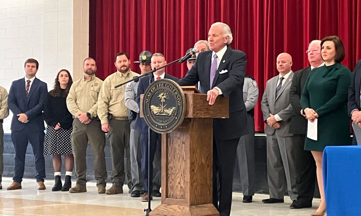 This is a photo of South Carolina Gov. Henry McMaster speaking at a podium.