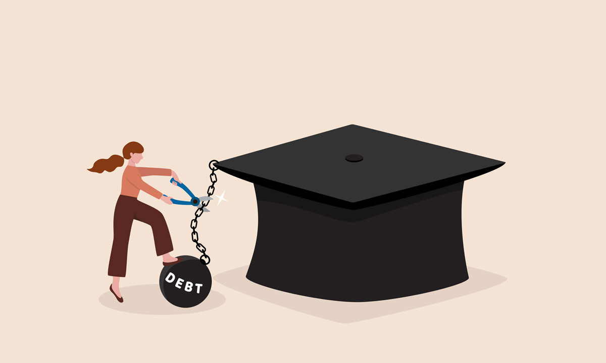 This is a graphic of a woman cutting a chain of debt from a graduation cap.