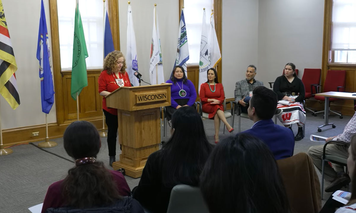 This is a photo of UW-Madison Chancellor Jennifer Mnookin making an announcement.