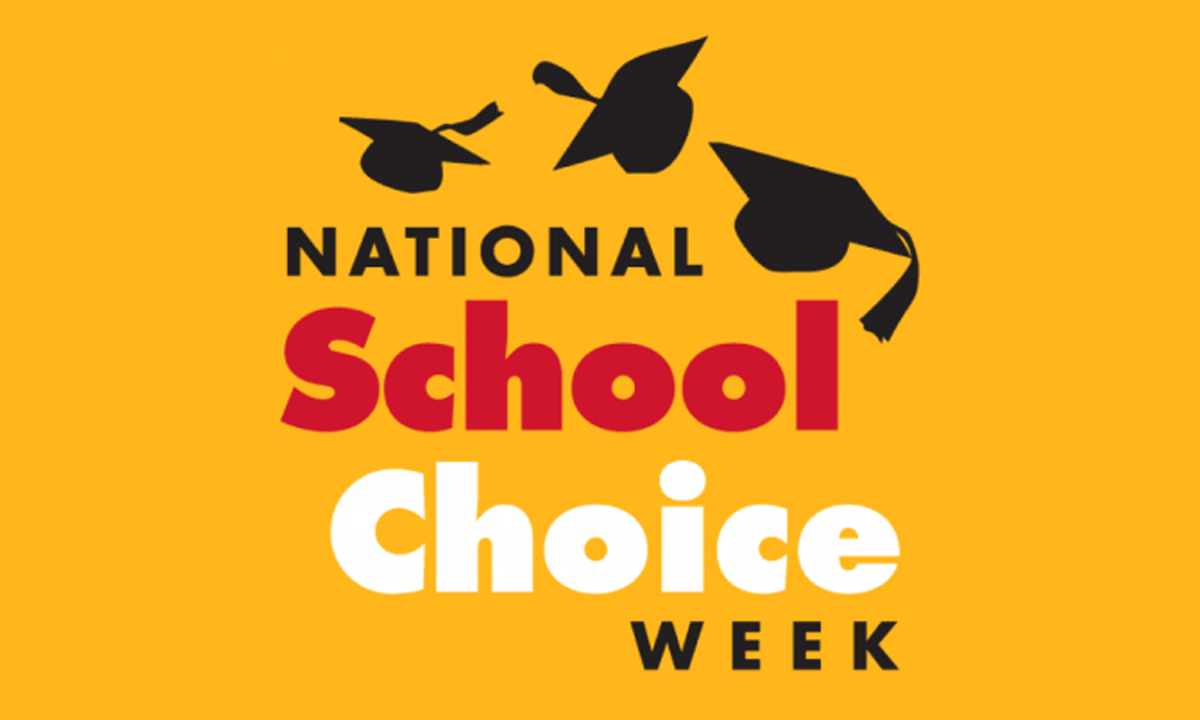 This is graphic that says "National School Choice Week" with three graduation caps.