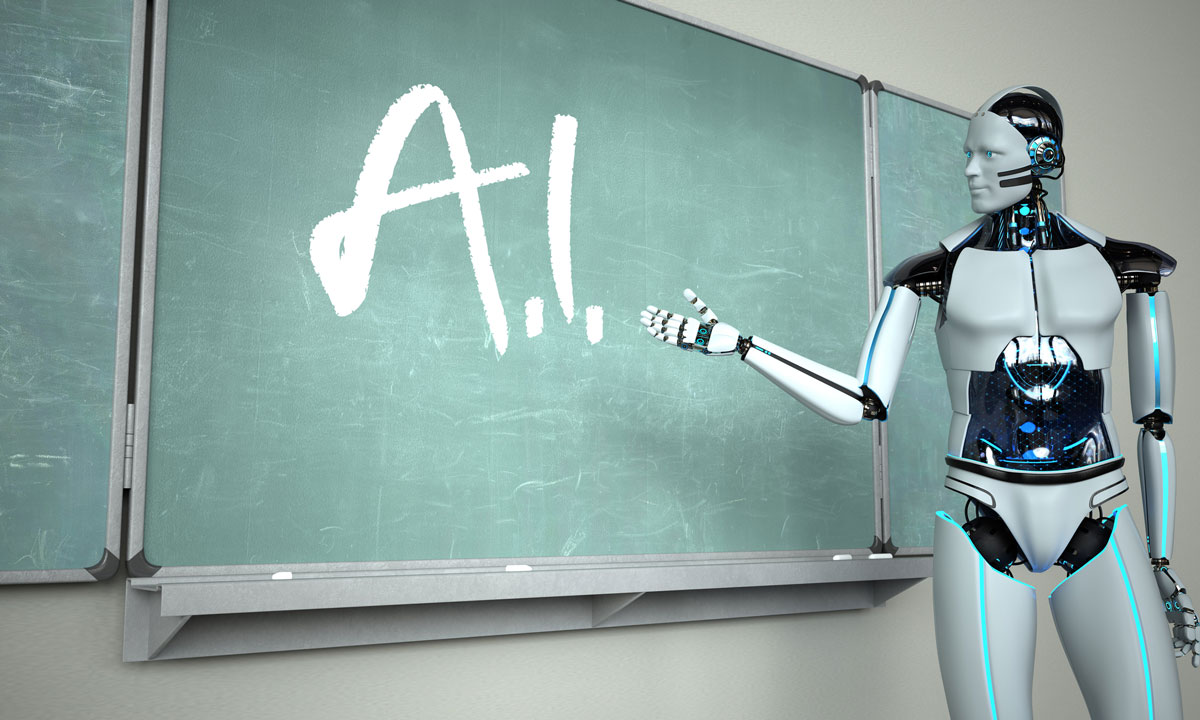 This is a photo of a robot writing "A.I." on a chalkboard.