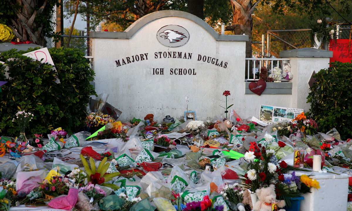 This is a photo of a memorial in front of Marjory Stoneman Douglas High School.