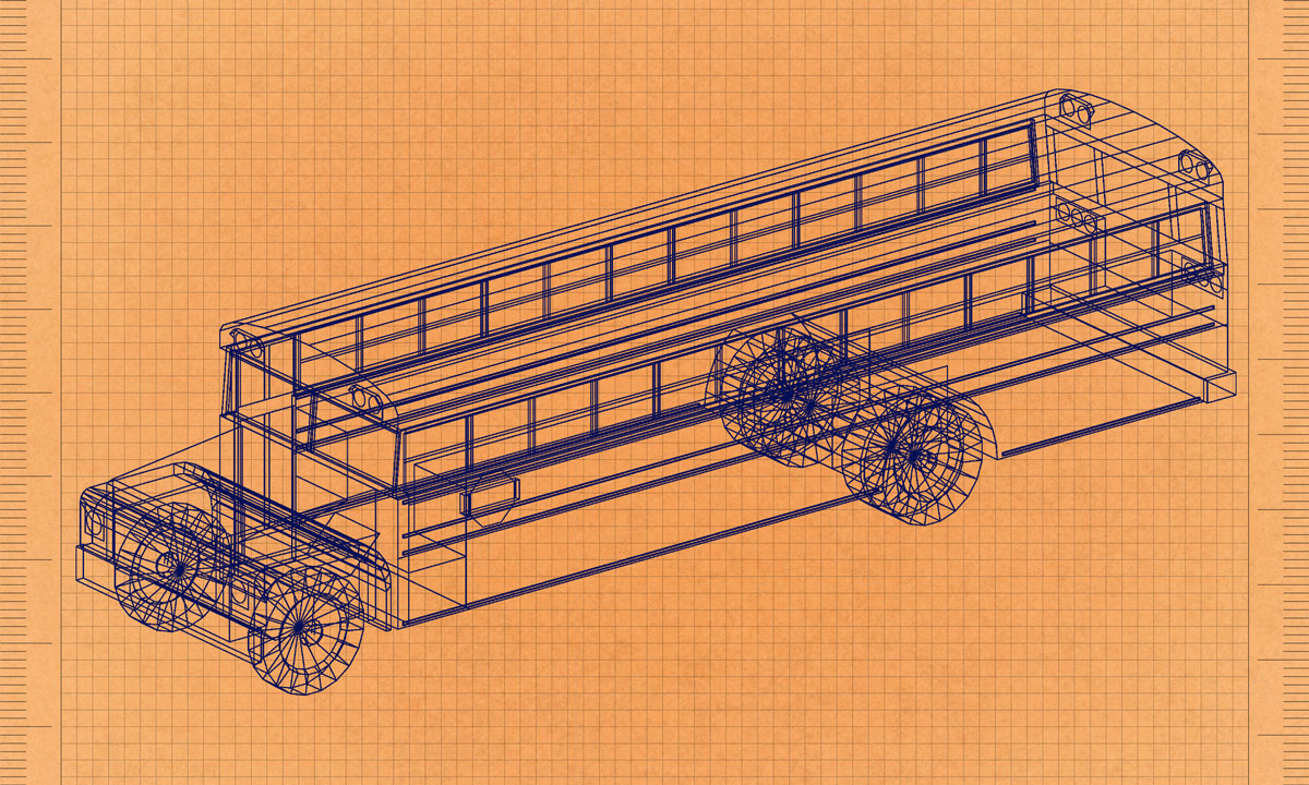This is a conceptual photo of a retro blueprint of a school bus.