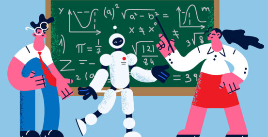 This is an illustration of a teacher and robot teaching from a chalkboard.