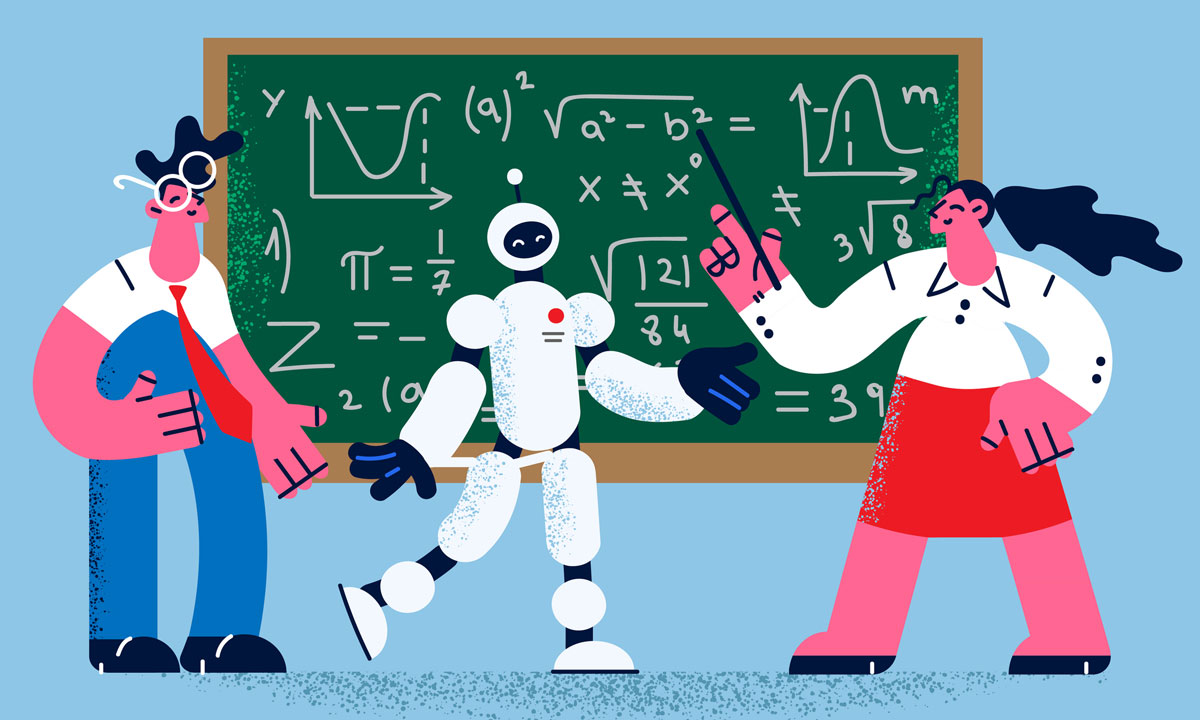 This is an illustration of a teacher and robot teaching from a chalkboard.