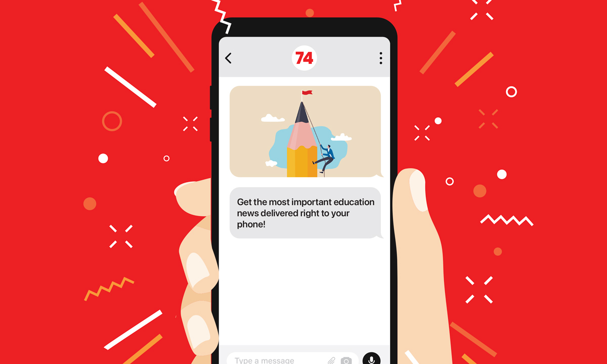 A hand holding a cellphone on a red background. The phone shows a message on the screen that says Get the most important education news delivered right to your phone!